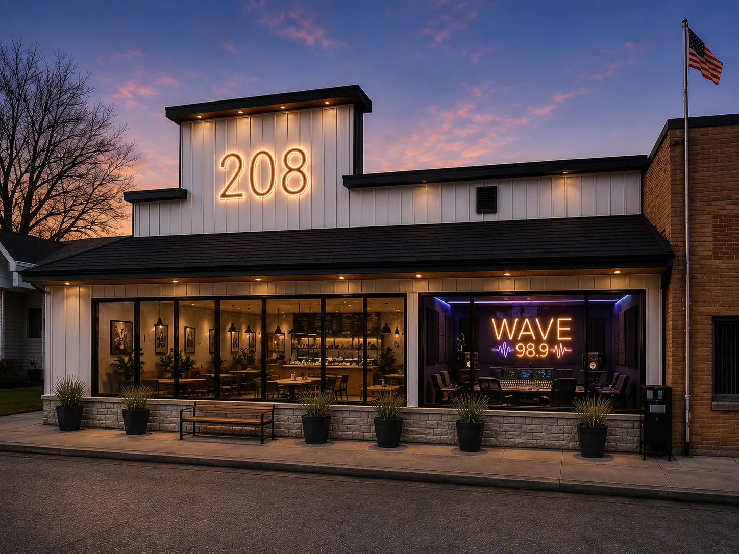 208 Coffee and Wave 98.9 sharing a warmly lit storefront at sunset